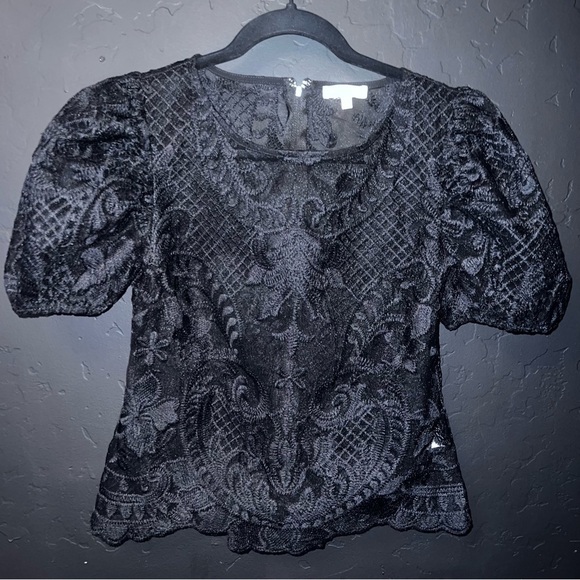 Peach Black Lace Blouse, balloon sleeve back zipper Size: M  like New - Picture 1 of 7